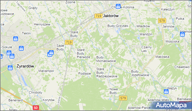 mapa Budy Michałowskie gmina Jaktorów, Budy Michałowskie gmina Jaktorów na mapie Targeo