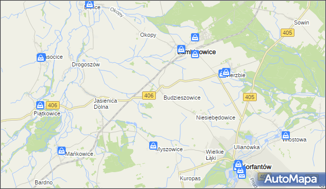 mapa Budzieszowice gmina Łambinowice, Budzieszowice gmina Łambinowice na mapie Targeo