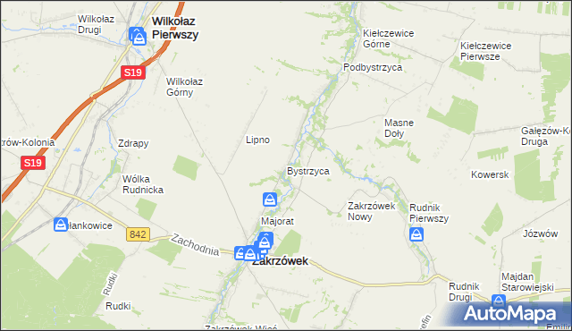 mapa Bystrzyca gmina Zakrzówek, Bystrzyca gmina Zakrzówek na mapie Targeo
