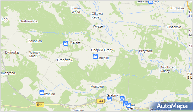 mapa Chojniki gmina Olszewo-Borki, Chojniki gmina Olszewo-Borki na mapie Targeo