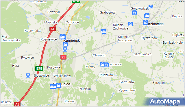 mapa Chruścin gmina Gomunice, Chruścin gmina Gomunice na mapie Targeo