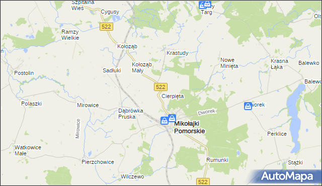mapa Cierpięta gmina Mikołajki Pomorskie, Cierpięta gmina Mikołajki Pomorskie na mapie Targeo