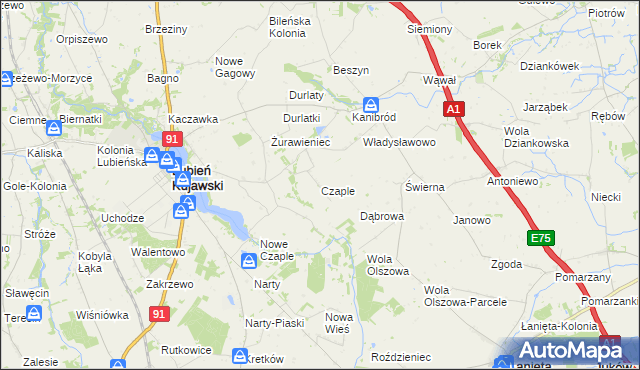 mapa Czaple gmina Lubień Kujawski, Czaple gmina Lubień Kujawski na mapie Targeo