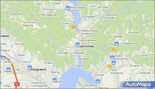 mapa Czernichów powiat żywiecki, Czernichów powiat żywiecki na mapie Targeo