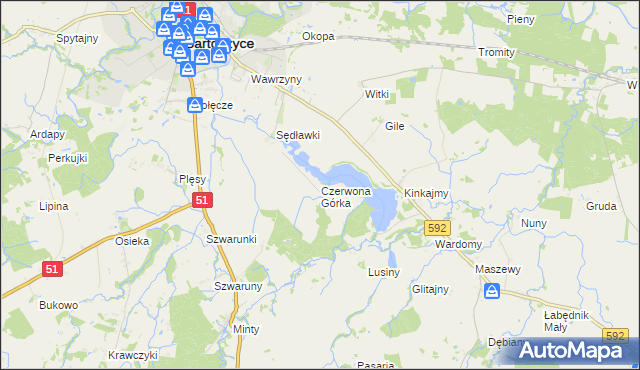 mapa Czerwona Górka gmina Bartoszyce, Czerwona Górka gmina Bartoszyce na mapie Targeo