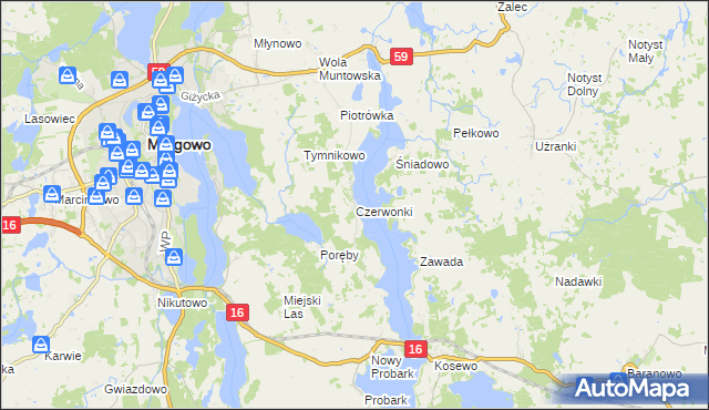 mapa Czerwonki gmina Mrągowo, Czerwonki gmina Mrągowo na mapie Targeo