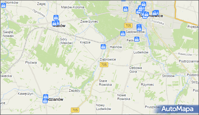 mapa Dąbrowice gmina Maków, Dąbrowice gmina Maków na mapie Targeo