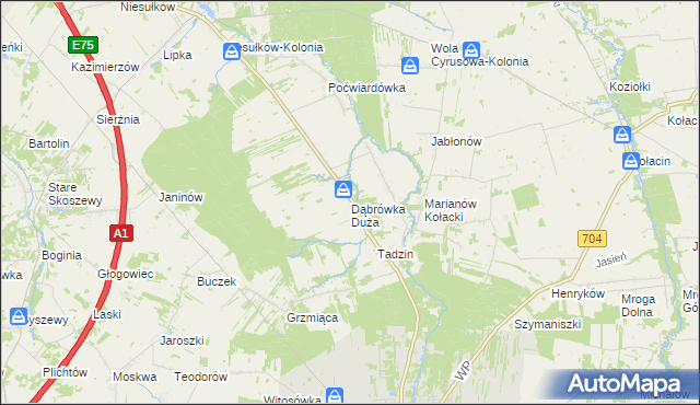 mapa Dąbrówka Duża gmina Brzeziny, Dąbrówka Duża gmina Brzeziny na mapie Targeo