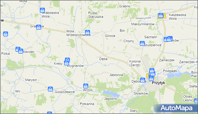 mapa Dęba gmina Przytyk, Dęba gmina Przytyk na mapie Targeo