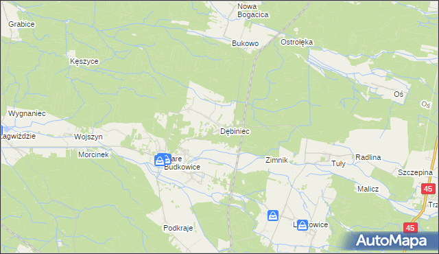 mapa Dębiniec gmina Murów, Dębiniec gmina Murów na mapie Targeo