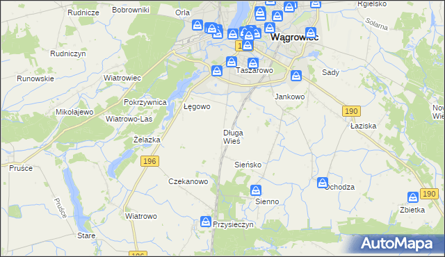 mapa Długa Wieś gmina Wągrowiec, Długa Wieś gmina Wągrowiec na mapie Targeo