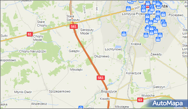 mapa Dłużniewo gmina Łomża, Dłużniewo gmina Łomża na mapie Targeo