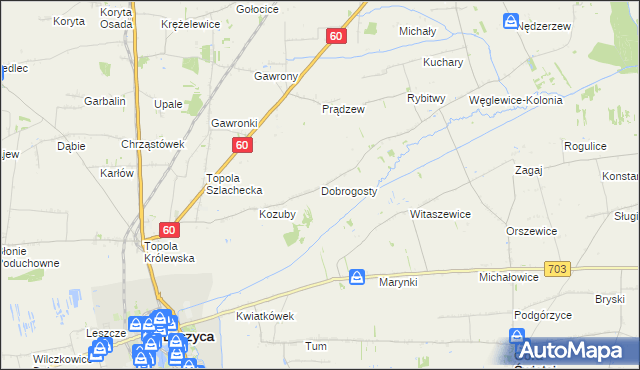 mapa Dobrogosty gmina Łęczyca, Dobrogosty gmina Łęczyca na mapie Targeo