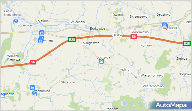 mapa Dobrzyca gmina Będzino, Dobrzyca gmina Będzino na mapie Targeo
