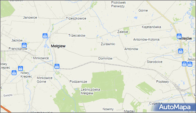 mapa Dominów gmina Mełgiew, Dominów gmina Mełgiew na mapie Targeo