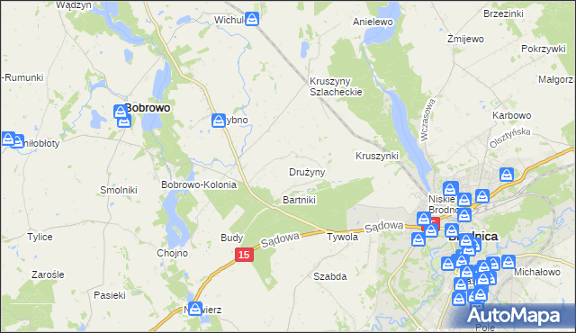 mapa Drużyny gmina Bobrowo, Drużyny gmina Bobrowo na mapie Targeo