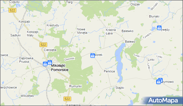 mapa Dworek gmina Mikołajki Pomorskie, Dworek gmina Mikołajki Pomorskie na mapie Targeo