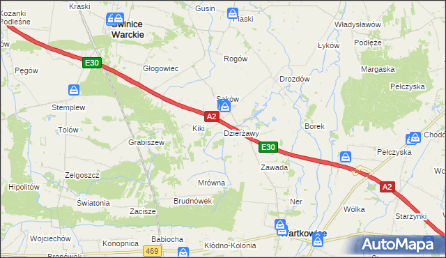 mapa Dzierżawy gmina Wartkowice, Dzierżawy gmina Wartkowice na mapie Targeo