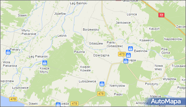 mapa Dzierzązna gmina Poddębice, Dzierzązna gmina Poddębice na mapie Targeo