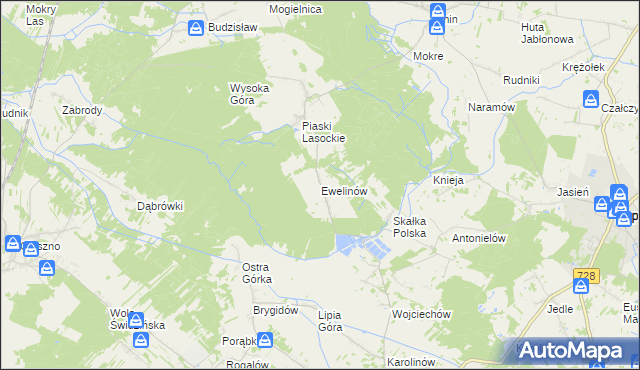 mapa Ewelinów gmina Łopuszno, Ewelinów gmina Łopuszno na mapie Targeo