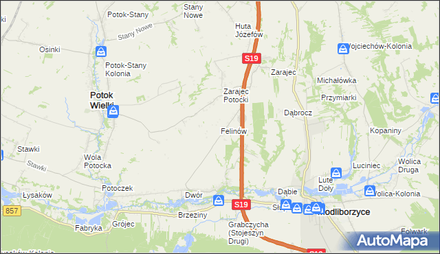 mapa Felinów gmina Modliborzyce, Felinów gmina Modliborzyce na mapie Targeo