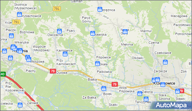 mapa Filipowice gmina Krzeszowice, Filipowice gmina Krzeszowice na mapie Targeo