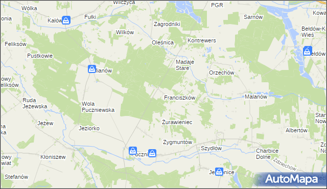 mapa Franciszków gmina Lutomiersk, Franciszków gmina Lutomiersk na mapie Targeo