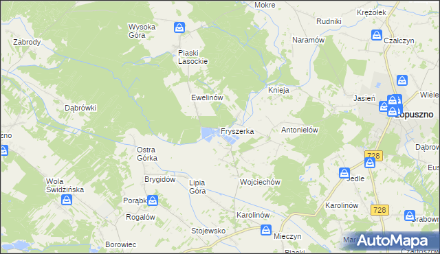 mapa Fryszerka gmina Łopuszno, Fryszerka gmina Łopuszno na mapie Targeo