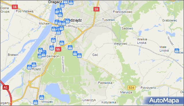 mapa Gać gmina Grudziądz, Gać gmina Grudziądz na mapie Targeo