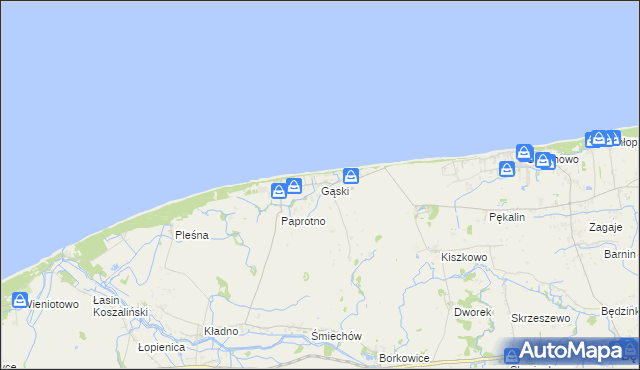mapa Gąski gmina Mielno, Gąski gmina Mielno na mapie Targeo