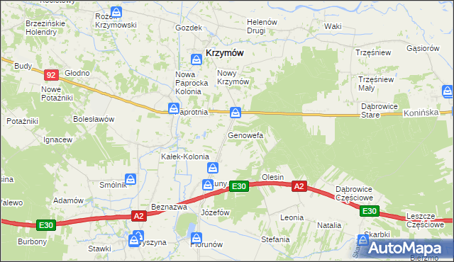 mapa Genowefa gmina Krzymów, Genowefa gmina Krzymów na mapie Targeo