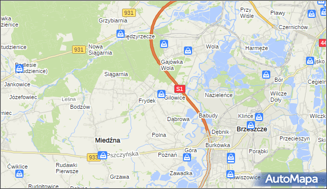 mapa Gilowice gmina Miedźna, Gilowice gmina Miedźna na mapie Targeo