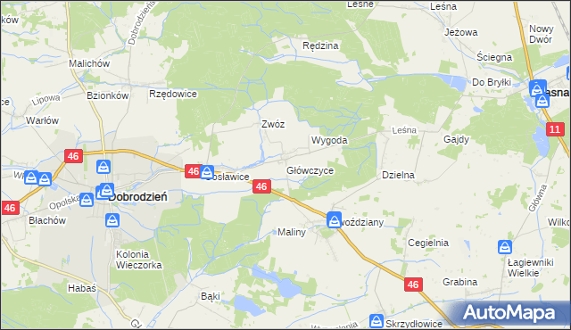 mapa Główczyce gmina Dobrodzień, Główczyce gmina Dobrodzień na mapie Targeo