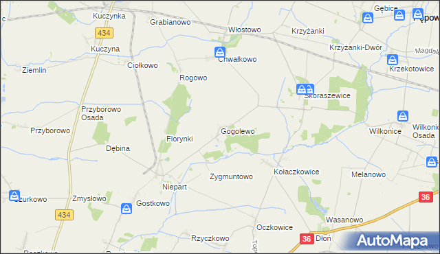 mapa Gogolewo gmina Krobia, Gogolewo gmina Krobia na mapie Targeo
