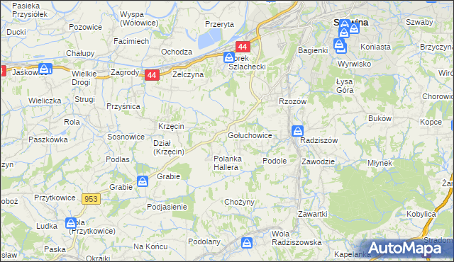 mapa Gołuchowice gmina Skawina, Gołuchowice gmina Skawina na mapie Targeo
