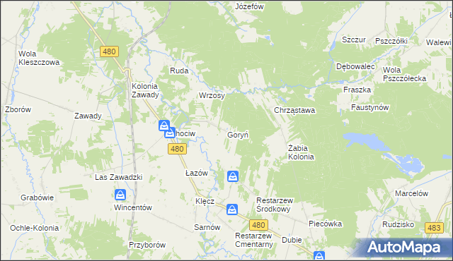 mapa Goryń gmina Widawa, Goryń gmina Widawa na mapie Targeo