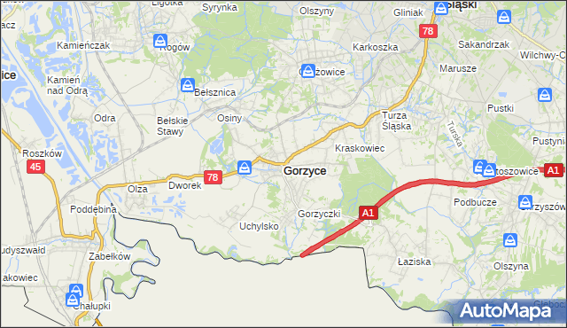 mapa Gorzyce powiat wodzisławski, Gorzyce powiat wodzisławski na mapie Targeo