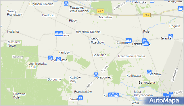 mapa Gościniec gmina Rzeczniów, Gościniec gmina Rzeczniów na mapie Targeo