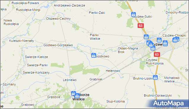 mapa Gostkowo gmina Szulborze Wielkie, Gostkowo gmina Szulborze Wielkie na mapie Targeo