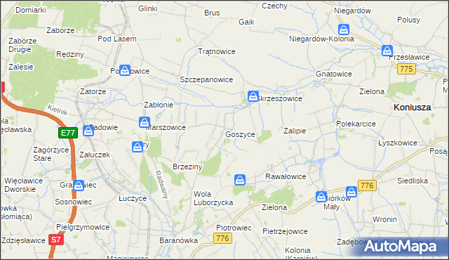 mapa Goszyce gmina Kocmyrzów-Luborzyca, Goszyce gmina Kocmyrzów-Luborzyca na mapie Targeo