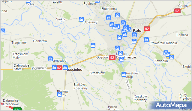 mapa Gozdów gmina Kościelec, Gozdów gmina Kościelec na mapie Targeo
