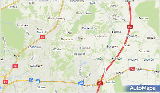 mapa Grabina gmina Nowosolna, Grabina gmina Nowosolna na mapie Targeo