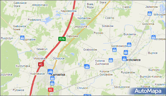 mapa Grabostów gmina Gorzkowice, Grabostów gmina Gorzkowice na mapie Targeo