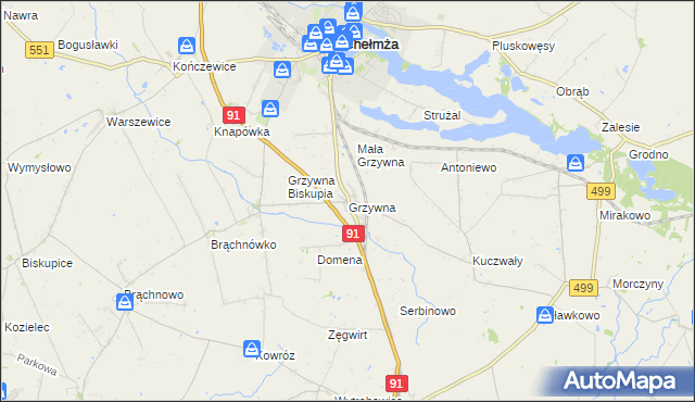 mapa Grzywna gmina Chełmża, Grzywna gmina Chełmża na mapie Targeo