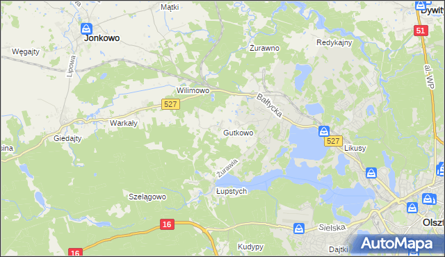 mapa Gutkowo gmina Jonkowo, Gutkowo gmina Jonkowo na mapie Targeo