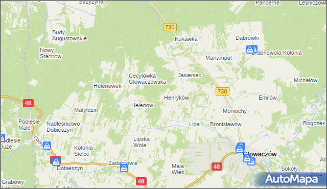 mapa Henryków gmina Głowaczów, Henryków gmina Głowaczów na mapie Targeo