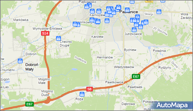 mapa Hermanów gmina Pabianice, Hermanów gmina Pabianice na mapie Targeo