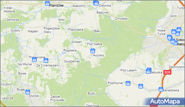 mapa Hucisko gmina Głogów Małopolski, Hucisko gmina Głogów Małopolski na mapie Targeo