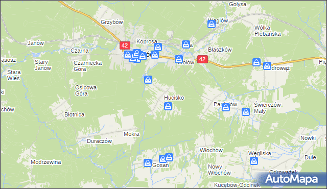 mapa Hucisko gmina Stąporków, Hucisko gmina Stąporków na mapie Targeo