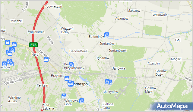 mapa Ignaców gmina Brzeziny, Ignaców gmina Brzeziny na mapie Targeo
